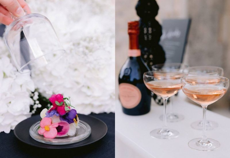 Elegant detail of a luxury wedding setting, featuring a refined plate garnished with edible flowers, symbolizing a bespoke event. In the background, delicately arranged champagne flutes evoke a grand celebration. This romantic, sophisticated setting, typical of weddings in Provence, the French Riviera and Corsica, embodies By Mademoiselle C's expertise in organizing exceptional ceremonies.