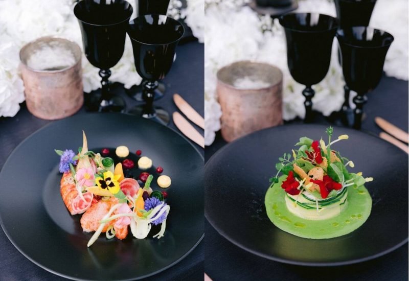 Refined tasting at a luxury wedding in Provence, the French Riviera and Corsica, featuring an elegant plate with gourmet dishes decorated with edible flowers. This exceptional culinary creation fits perfectly into a bespoke event, offering an unforgettable gastronomic experience for a grand celebration. The romantic and sophisticated atmosphere of this personalized wedding underscores By Mademoiselle C's expertise in the art of wedding planning.
