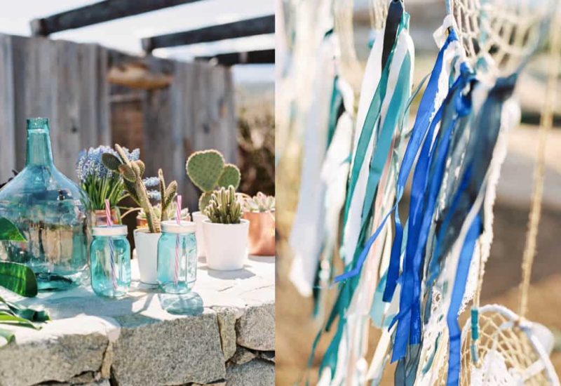 Elegant outdoor wedding decor, featuring luxury service from 'By Mademoiselle C', wedding planner in Provence, French Riviera &amp; Corsica. Turquoise glass goblets and succulent plants create a romantic, sophisticated ambience, ideal for a grand celebration. Delicate ribbons add a touch of charm to this bespoke event, perfectly organized in a natural setting. This unique wedding promises to be