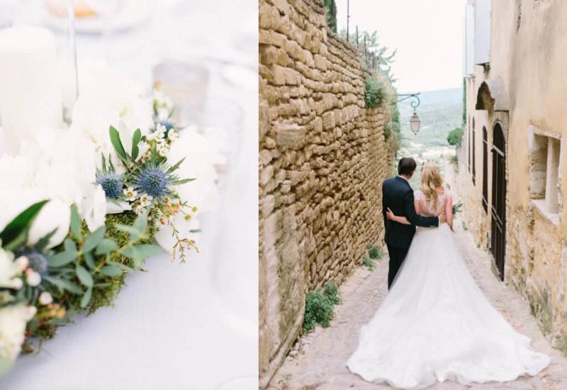 Couple marchant main dans la main dans une ruelle pittoresque de Provence, entouré de murs en pierre et de paysages verdoyants, symbolisant un mariage romantique et élégant. Cette scène évoque une cérémonie grandiose, parfaite pour une organisation sur mesure par un wedding planner de luxe. Les détails floraux délicats sur la table à proximité soulignent l'atmosphère sophistiquée d'un événement unique, idéal pour une célébration mémorable en Côte d'Azur ou en Provence.