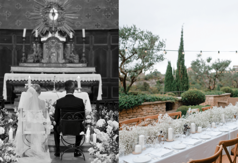 Cérémonie romantique dans une église élégante, suivie d'un grand repas en extérieur dans un domaine privé, mettant en avant des décors raffinés. By Mademoiselle C, wedding planner en Provence, Côte d'Azur & Corse, crée des événements sur mesure pour des célébrations uniques et luxueuses, alliant sophistication et ambiance rêveuse.