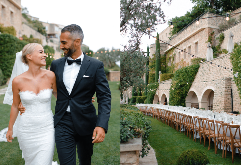 A radiant couple stroll through a romantic garden, surrounded by lush greenery, symbolizing a grand ceremony. The elegant reception, held on a private estate, evokes a bespoke wedding in Provence. By Mademoiselle C' creates unique events, transforming every celebration into a memorable dream on the French Riviera and Corsica.