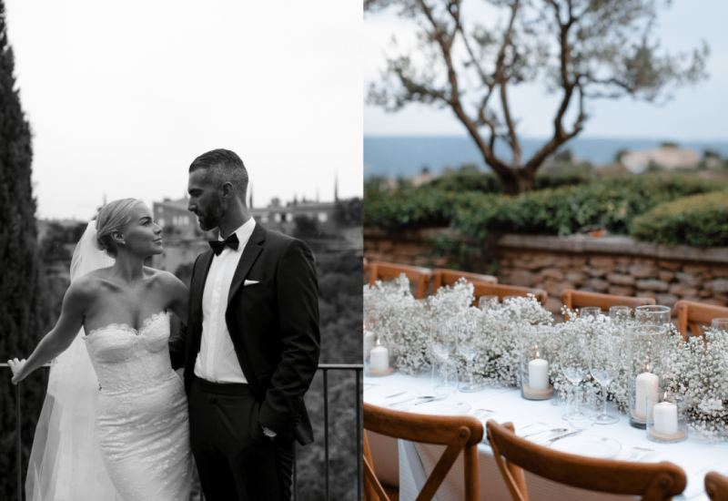 An elegant wedding ceremony in Provence, featuring a romantic couple in a sophisticated setting. The reception table, adorned with delicate flowers and candles, evokes a grand celebration. With By Mademoiselle C, every event is a bespoke experience, in exceptional venues such as private estates and enchanting gardens, for an unforgettable luxury wedding.