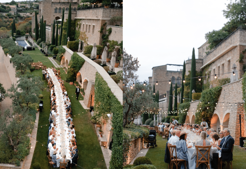 An elegant open-air dinner on a private estate in Provence, with a long table decorated for a grand celebration. The romantic, sophisticated atmosphere is accentuated by twinkling lights and lush gardens. By Mademoiselle C, experts in luxury wedding planning, create unforgettable tailor-made events, ideal for a dream wedding in the French Riviera and Corsica.