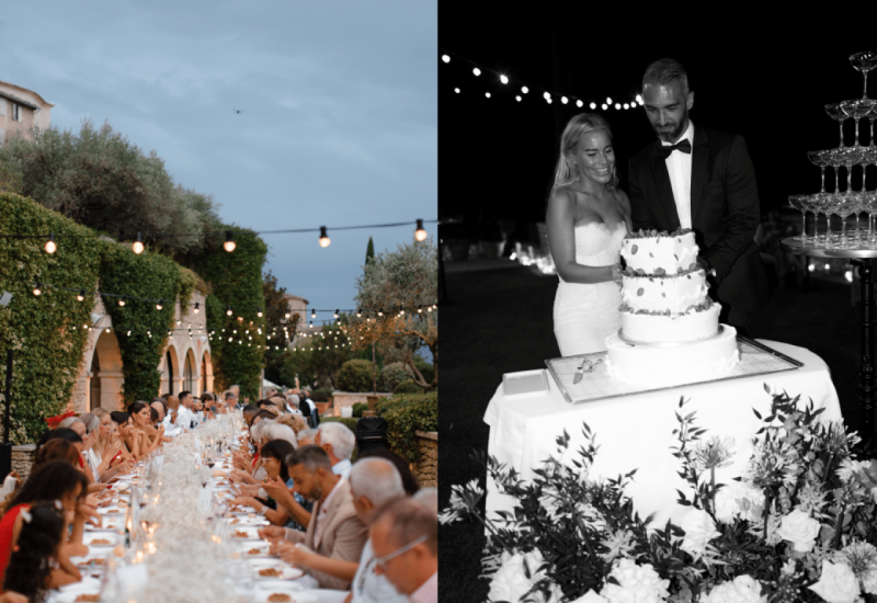 An elegant outdoor wedding reception, organized by By Mademoiselle C, where guests gather around a long decorated table, creating a romantic and sophisticated atmosphere. This wedding on a private estate in Provence showcases a dream setting, surrounded by lush greenery and twinkling lights. The celebration, a tailor-made experience, embodies luxury and personalization, ideal for a grand