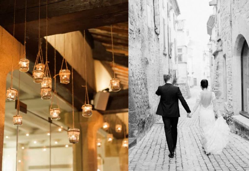 Une ambiance romantique et élégante se dégage de cette scène de mariage, mettant en avant le savoir-faire de By Mademoiselle C, wedding planner en Provence, Côte d'Azur et Corse. Les lanternes suspendues créent une atmosphère chaleureuse pour une célébration grandiose, tandis que le couple, main dans la main, s'engage dans une rue pittoresque, symbole d'un événement unique. Que ce soit pour un mariage de luxe, une cérémonie sur mesure
