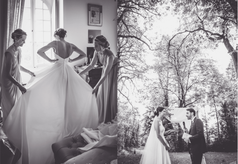 A romantic, elegant wedding, featuring a bride in a luxurious gown, surrounded by her bridesmaids. This intimate moment captures the essence of bespoke wedding planning, ideal for a grand event. The refined setting and soft lighting evoke a sophisticated ambience, perfect for a dream wedding in Provence, the French Riviera or Corsica. The delicate details and warm atmosphere underline the expertise of