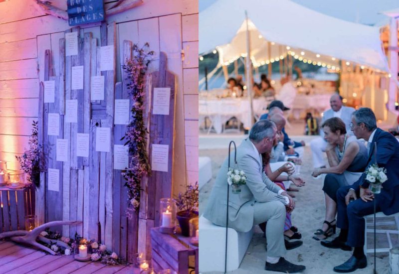 Décoration élégante pour un mariage de luxe à la plage, mettant en avant des éléments de romantisme et de sophistication. La mise en scène comprend un tableau en bois avec des noms de tables, entouré de fleurs délicates et de bougies scintillantes, parfait pour une cérémonie sur mesure. L'atmosphère chaleureuse et intime évoque une célébration grandiose dans un cadre idyllique. Les invités, réunis sous un chapiteau, partagent des moments de joie,