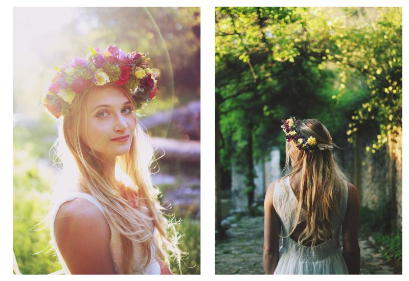 A beautiful young woman with a crown of brilliant flowers embodies the essence of a romantic wedding in an enchanting setting. This elegant portrait evokes the atmosphere of a grand celebration, ideal for a luxury wedding in Provence, the French Riviera and Corsica. The soft light and verdant backgrounds underline the uniqueness of every event, whether it's a ceremony on a private estate.