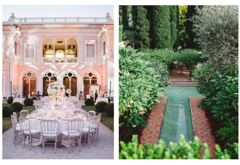 Un cadre enchanteur pour un mariage de luxe, mettant en avant une élégante réception en plein air dans un domaine privé. Les tables magnifiquement dressées, ornées de fleurs délicates, créent une atmosphère romantique et sophistiquée, idéale pour une célébration grandiose. Ce lieu exceptionnel, situé entre montagnes et jardins luxuriants, est parfait pour une organisation sur mesure de votre rêve de mariage en Provence, Côte d'Azur et Corse.
